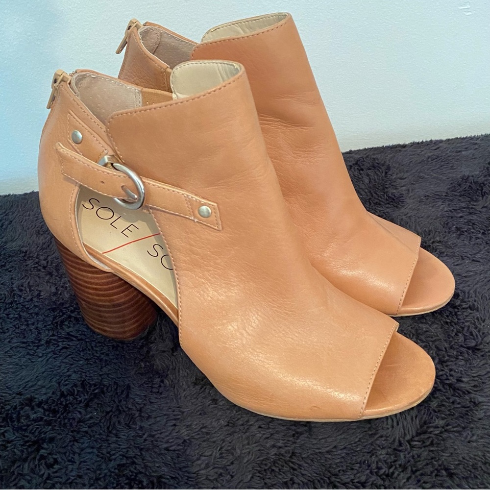 So-Sally Sole Society Tan Genuine Leather Open Toe Bootie Size 7.5